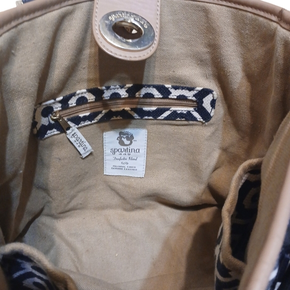 Spartina 449 Black and White Leather and Linen Shoulder Bag Tote - Picture 8 of 15